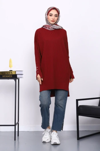 Bordo Önü Kısa Arkası Uzun Triko Tunik