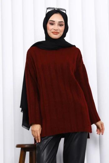 Bordo Yan Yırtmaçlı Fitilli Triko Tunik