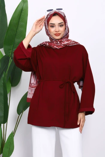 Bordo Yanları Yırtmaçlı Bel İpli Tunik