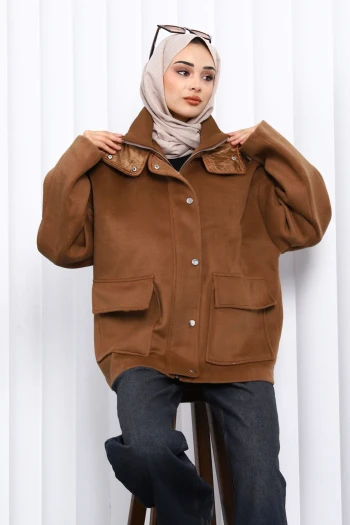 Camel Fermuarlı Astarlı Oversize Kaşe Ceket