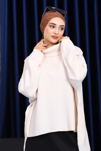 Ekru Balıkçı Yaka Fermuarlı Triko Tunik