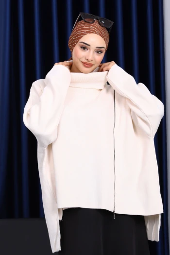 Ekru Balıkçı Yaka Fermuarlı Triko Tunik