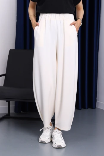 Ekru Bel Lastikli Cepli Pantolon