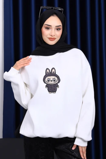 Ekru Bisiklet Yaka Üç İplik Sweat