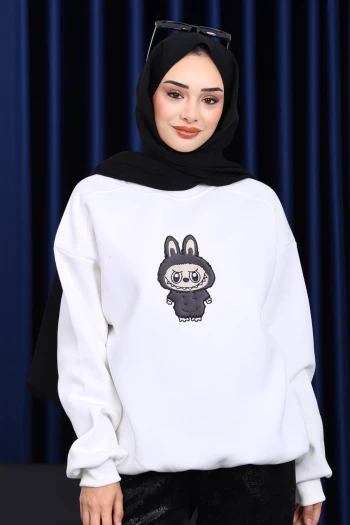 Ekru Bisiklet Yaka Üç İplik Sweat