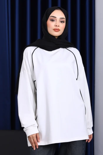 Ekru Biyeli İki İplik Sweatshirt