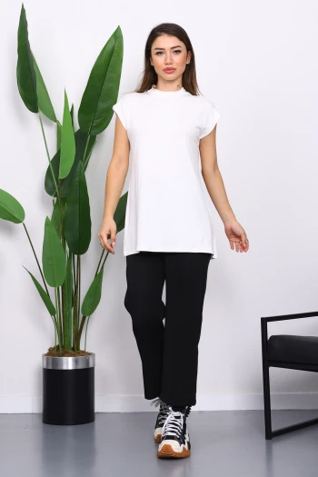 Ekru Dik Yaka Sıfır Kol İçlik