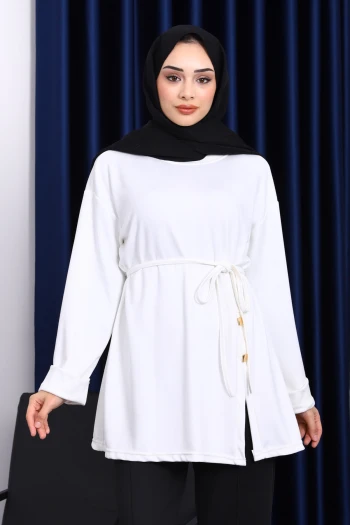 Ekru Düğme Detaylı Modal Tunik