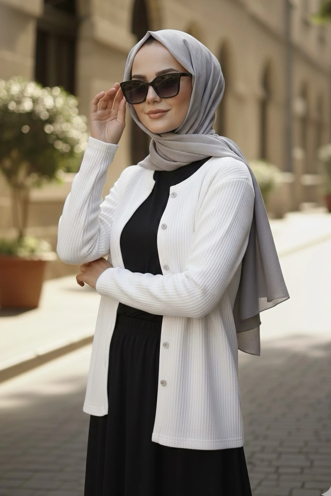 Ekru Düğmeli Dokulu Hırka