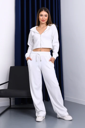 Ekru Kapşonlu Hırka Pantolonlu Selanik Takım