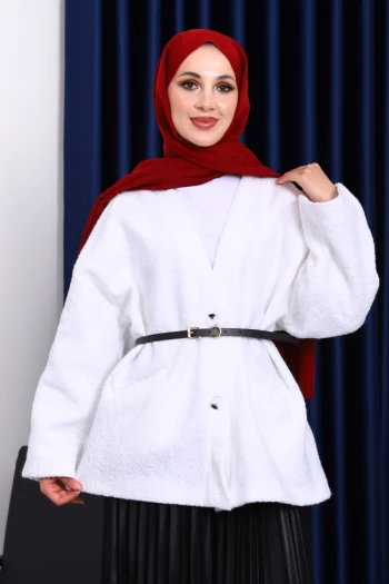 Ekru Kemerli Oversize Buklet Ceket