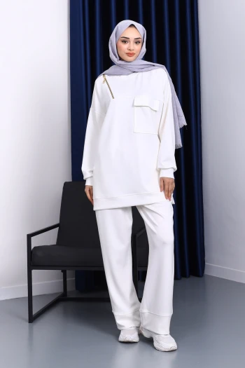 Ekru Tek Cepli Tunik Pantolonlu Modal Takım