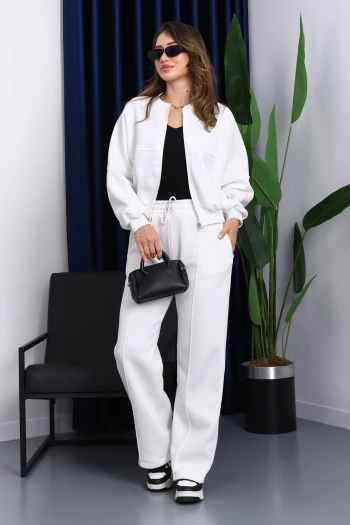 Ekru Üç İplik Sweat Hırka Pantolonlu Takım