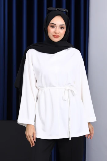 Ekru Yanları Yırtmaçlı Bel İpli Tunik