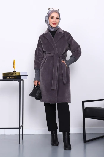 Füme Bel Kuşaklı Çift Cepli Angora Kaban