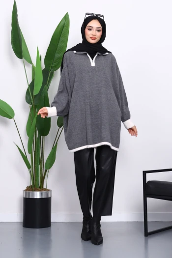 Füme Gömlek Yaka Fermuarlı Triko Tunik