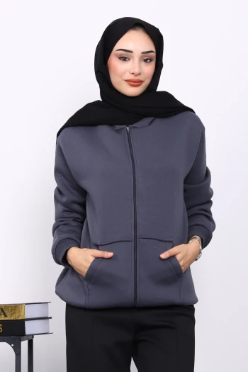 Füme Kanguru Cepli Şardonlu Üç İplik Hırka