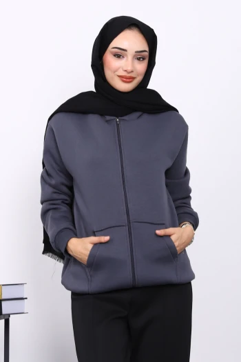 Füme Kanguru Cepli Şardonlu Üç İplik Hırka