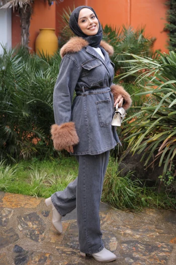 Füme Kol Yaka Kürklü Kot Ceket Pantolonlu Takım