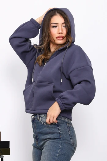 Füme Sağ Kol Fermuarlı Cepli Üç İplik Sweat Hırka