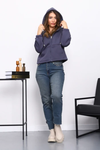 Füme Sağ Kol Fermuarlı Cepli Üç İplik Sweat Hırka