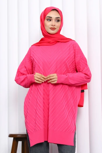 Fuşya Bisiklet Yaka Soğuk İplik Triko Tunik