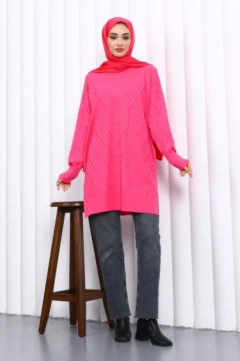 Fuşya Bisiklet Yaka Soğuk İplik Triko Tunik