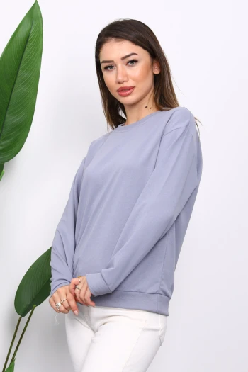 Gri Bisiklet Yaka İki İplik Sweatshirt