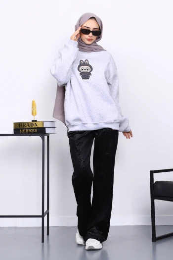 Gri Bisiklet Yaka Üç İplik Sweat