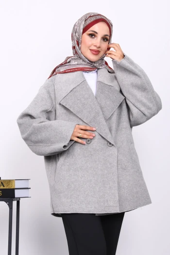 Gri Çift Cepli Düğmeli Kaşe Ceket