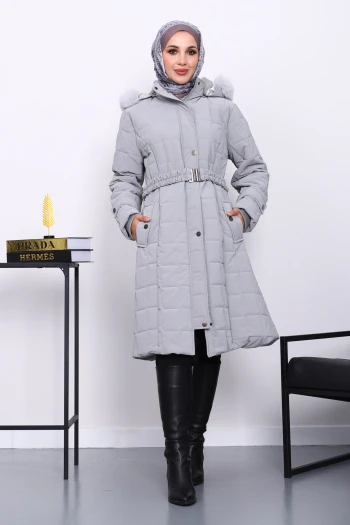 Gri Kapüşonu Kürklü Uzun Şişme Mont