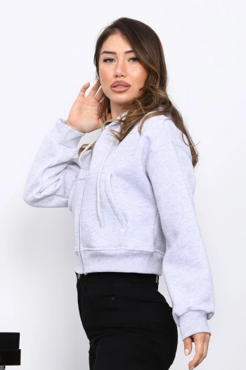 Gri Kısa Kanguru Cepli Fermuarlı Üç İplik Sweat Hırka