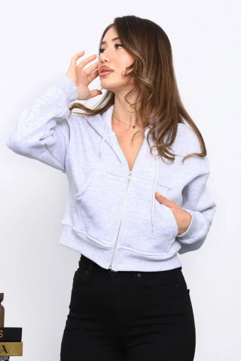 Gri Kısa Kanguru Cepli Fermuarlı Üç İplik Sweat Hırka