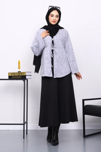 Gri Ön Bağlamalı Yumoş Kimono