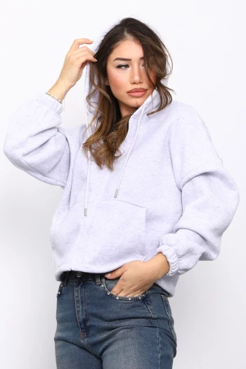 Gri Sağ Kol Fermuarlı Cepli Üç İplik Sweat Hırka