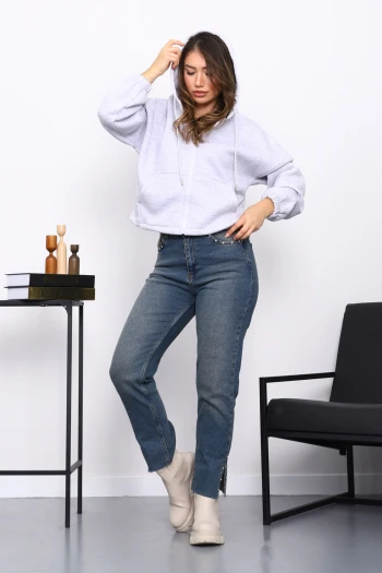 Gri Sağ Kol Fermuarlı Cepli Üç İplik Sweat Hırka