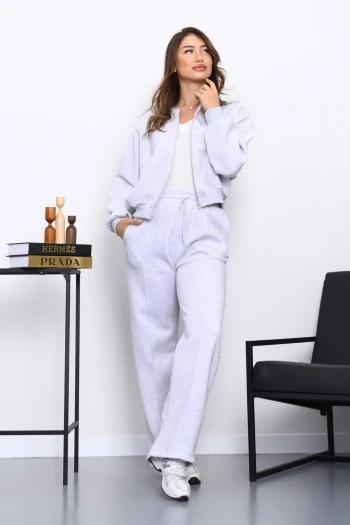 Gri Üç İplik Sweat Hırka Pantolonlu Takım