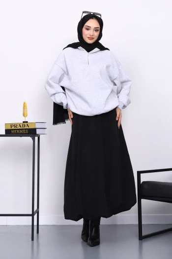 Gri Yaka Fermuarlı Üç İplik Şardonlu Sweat