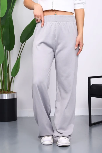 Gri Yüksek Bel Fitilli Bol Paça Triko Pantolon