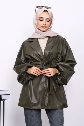 Haki Balon Kol Kuşaklı Deri Ceket