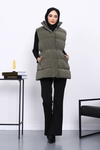 Haki Bel Lastikli Cepli Şişme Yelek