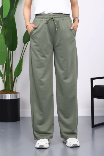 Haki Bel Lastikli İki İplik Palazzo Eşofman Alt