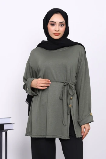Haki Düğme Detaylı Modal Tunik