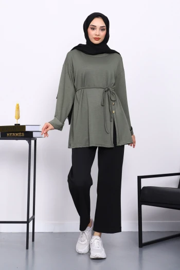 Haki Düğme Detaylı Modal Tunik