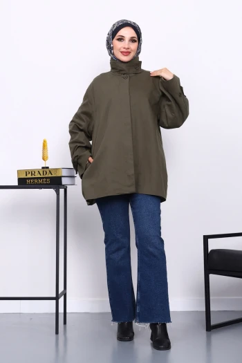 Haki Düğmeli Astarlı Gabardin Ceket