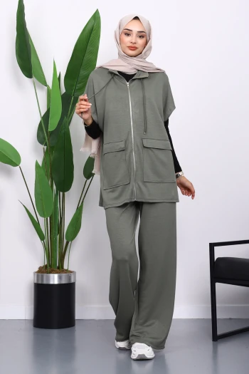 Haki Fermuarlı Çift Cepli Modal Yelek Pantolonlu Takım