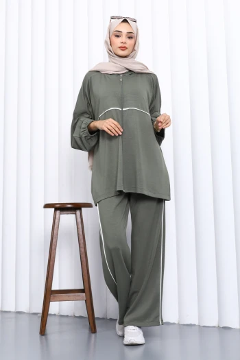 Haki Fermuarlı Sweat Pantolonlu Modal Takım