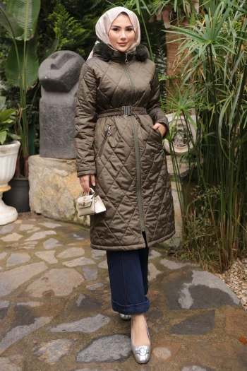 Haki Kapüşonlu Fermuarlı Kapitone Mont