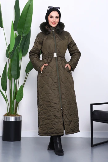 Haki Kapüşonlu Kapitone Uzun Şişme Mont