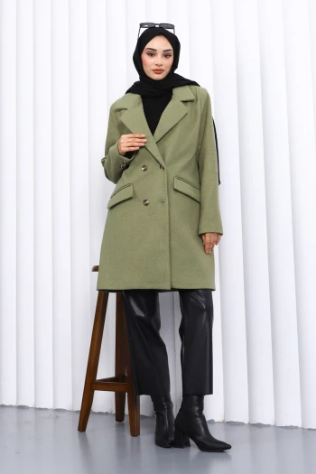 Haki Kruvaze Yaka Astarlı Cepli Kaşe Kaban